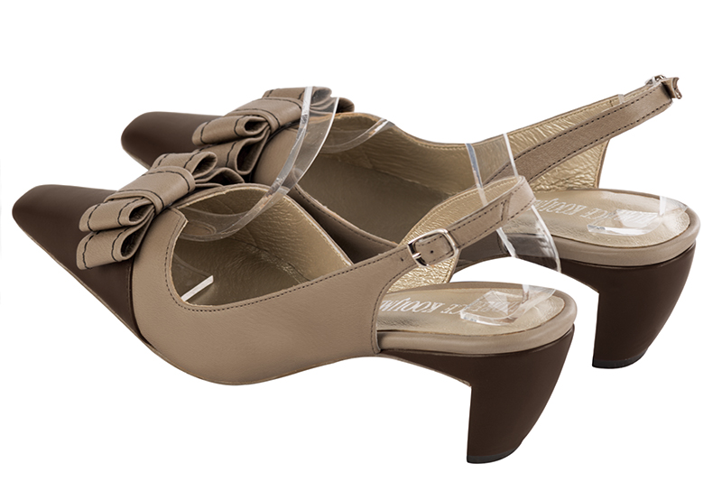 Dark brown and tan beige women's elegant sneakers. Tapered toe. Medium comma heels. Rear view - Florence KOOIJMAN
